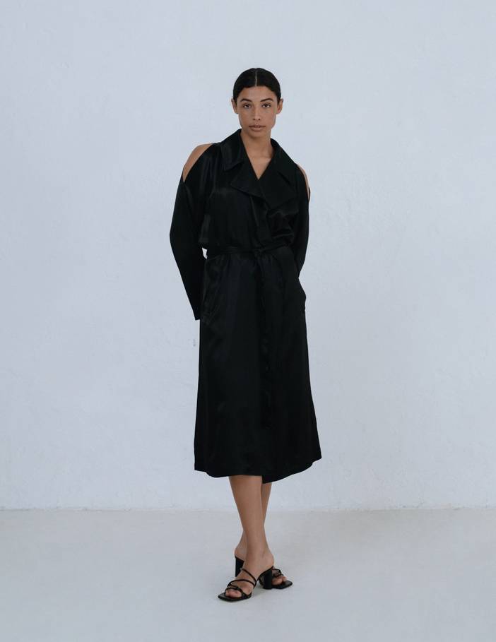 Black Belted Satin Trench Coat | A LINE