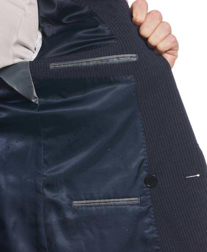Men's Slim Fit Double Breasted Pinstripe Suit Jacket in Navy/Blue, Size 42 | Regular, Polyester/Rayon/Spandex | Perry Ellis
