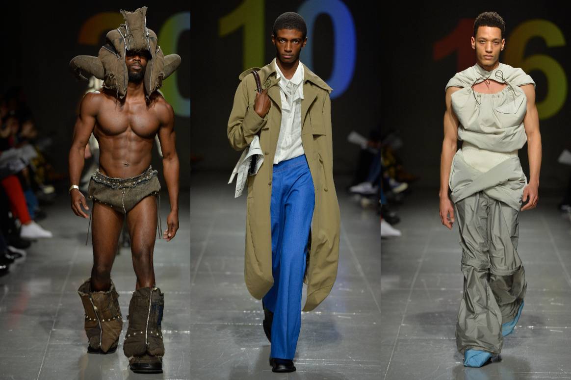 Looks presented by the Central Saint Martins graduating class at LFW AW23. From left to right, designs by: Xuesong Yang, Sifan Chen and Nora Kassim.