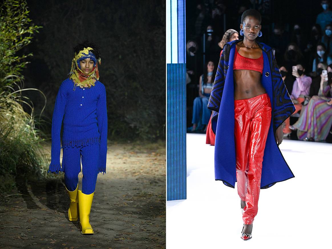 En esta imagen se aprecian contrastes de color: amarillo con azul en Marni y azul con rojo en Missoni. Crédito: Marni FW22 y Missoni FW22 vía Catwalkpictures.com