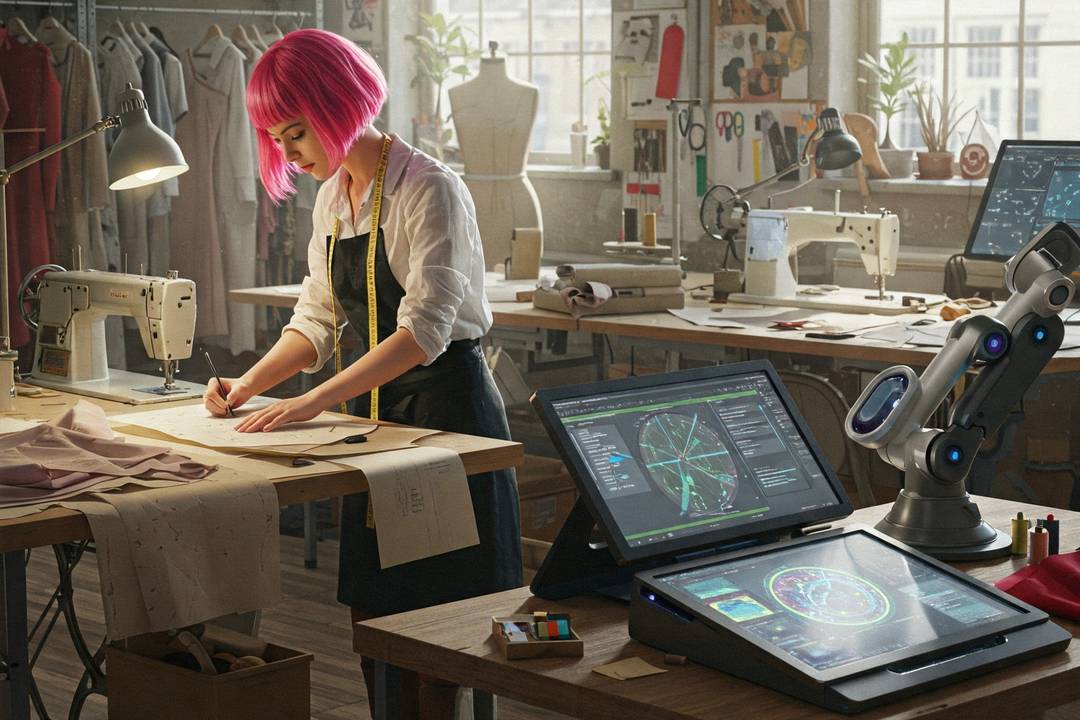 Futuristische modestudio waar een ontwerper traditioneel vakmanschap combineert met AI-gestuurde technologie.