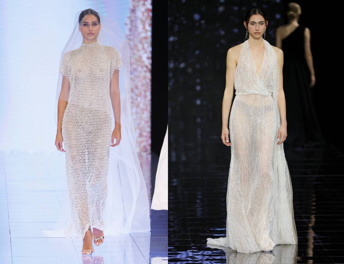 Transparent bridal gowns at Formose Bridal (left) and Serravalle Bridal. Credit: Spotlight Launchmetrics