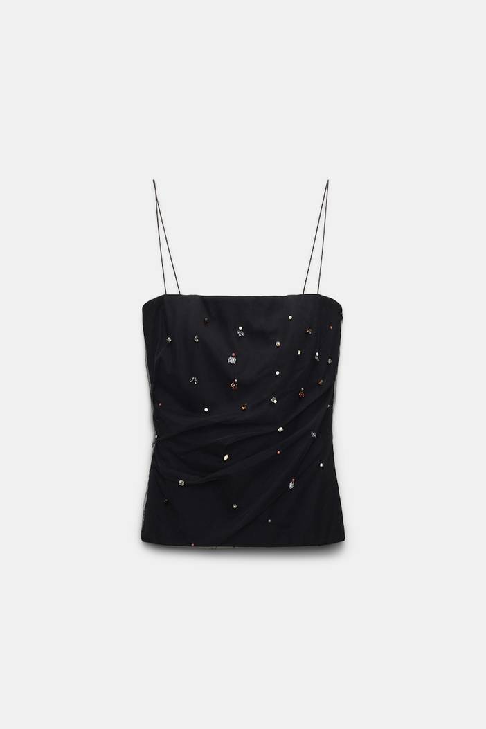 Strapless top in Punto Milano with embellished tulle overlay | dorothee schumacher