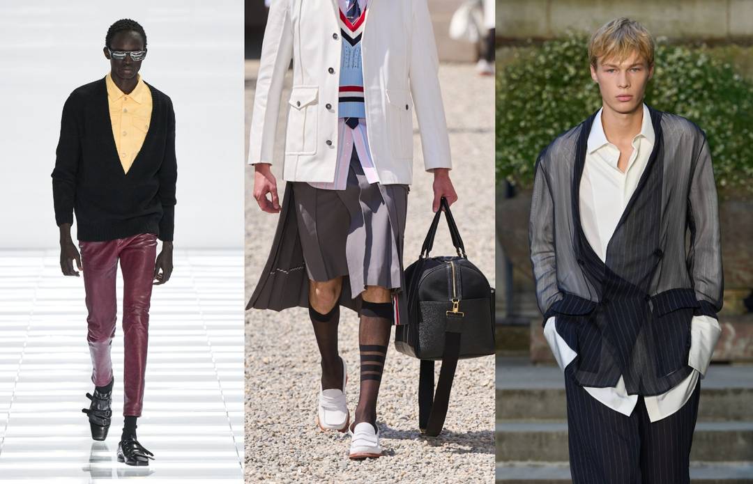 Straight pants Prada, skirt Thom Browne & Sheer top Dior Men