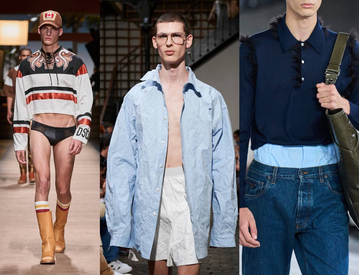 Credits: De g. À dr. : Dsquared2 SS24, Hed Mayner SS24, Prada SS24. Crédit : Launchmetrics Spotlight.
