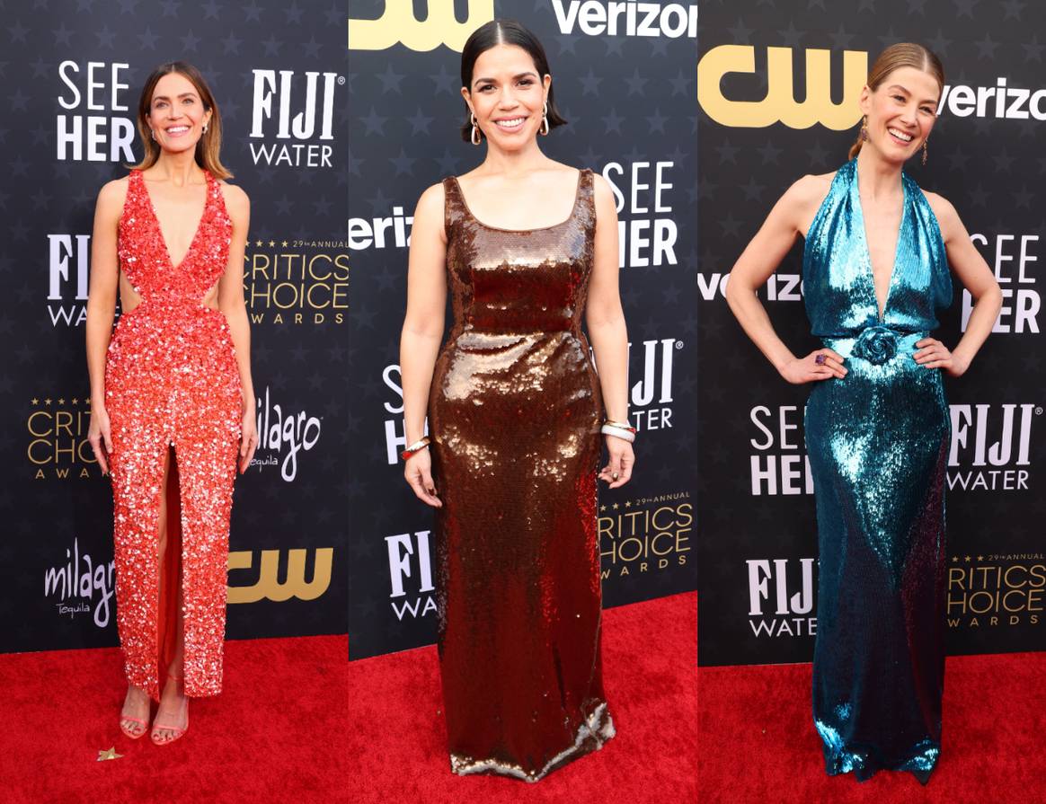 Mandy Moore, America Ferrera and Rosamund Pike at The 29th Annual Critics Choice Awards on January 14, 2024 in Santa Monica, California.