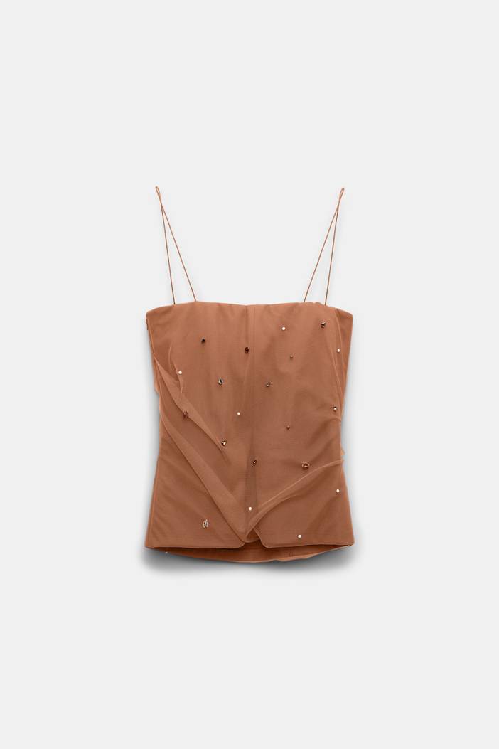 Strapless top in Punto Milano with embellished tulle overlay | dorothee schumacher