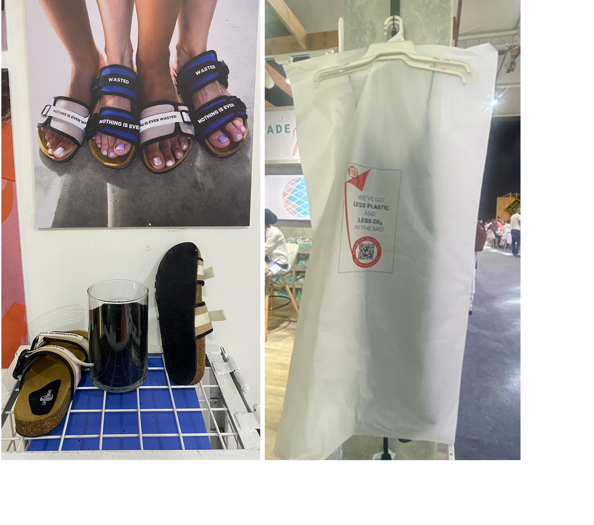 Left: Upfuse footwear; Right: Made From Stone garment bags and hangers. Image via Massimo Casagrande.