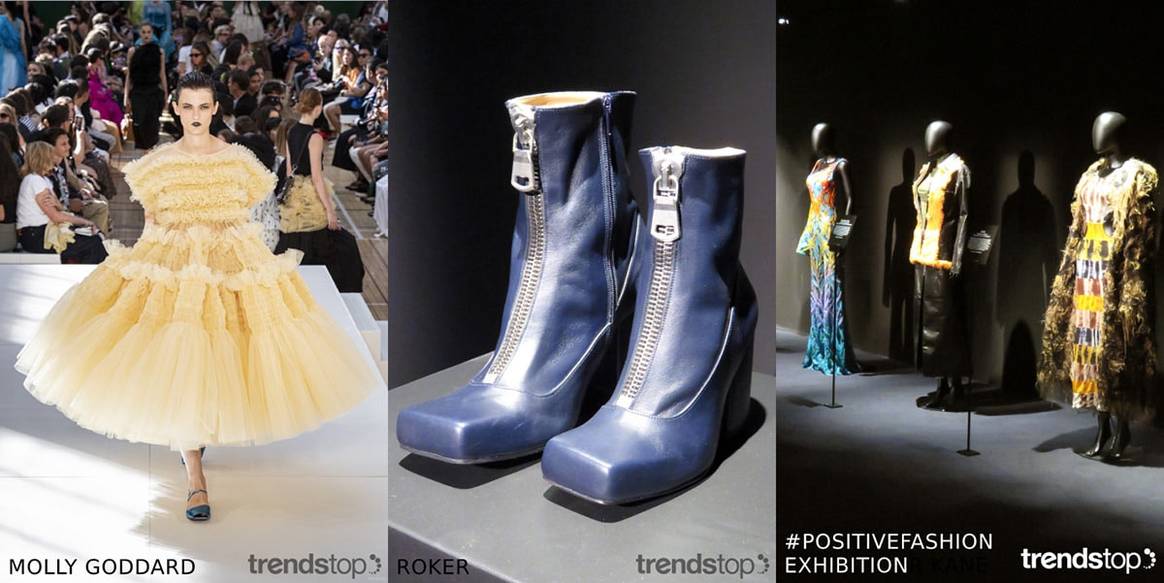 Bilder mit freundlicher Genehmigung von Trendstop, von links
nach rechts: Molly Goddard, Roker, #PositiveFashion Exhibition, alle
Frühjahr/Sommer 2020.