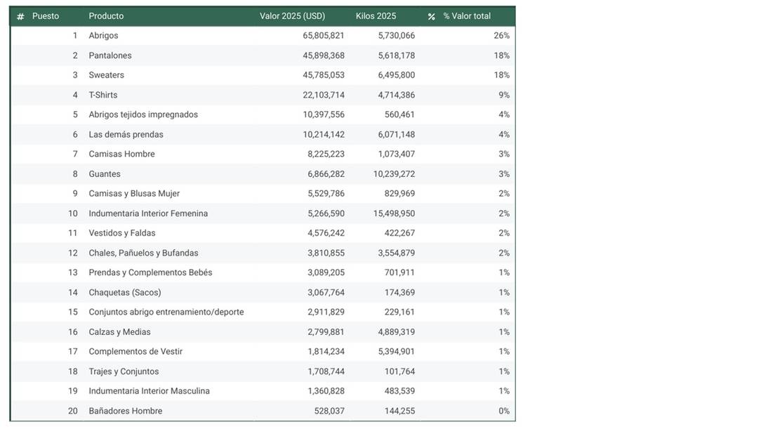 Twenty most imported garment categories in Argentina.