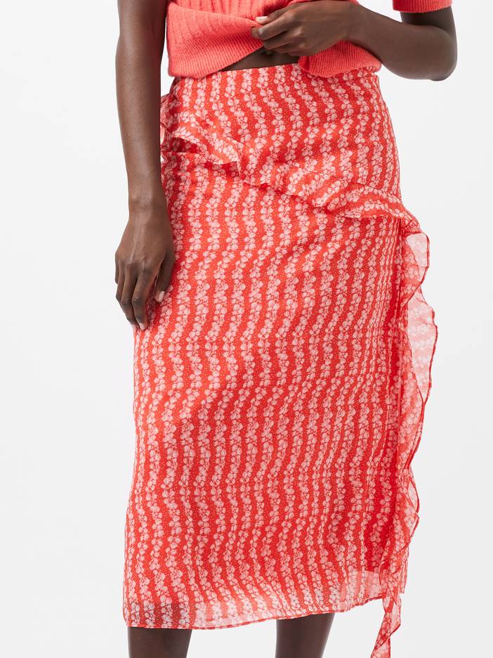Frances Recycled Crinkle Ruffle Midi Skirt Cayenne Red/White | French Connection