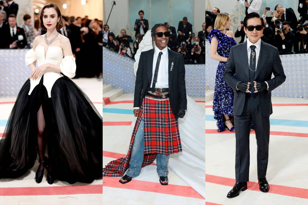 Lily Collins in Vera Wang, Asap Rocky in Gucci and Ke Huy Quan in Dior bei der Met Gala 2023. Bilder (v.l.n.r.): Cartier, Gucci, Dior