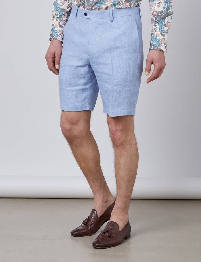 Men's Herringbone Italian Linen Shorts in Light Blue | Hawes& Curtis