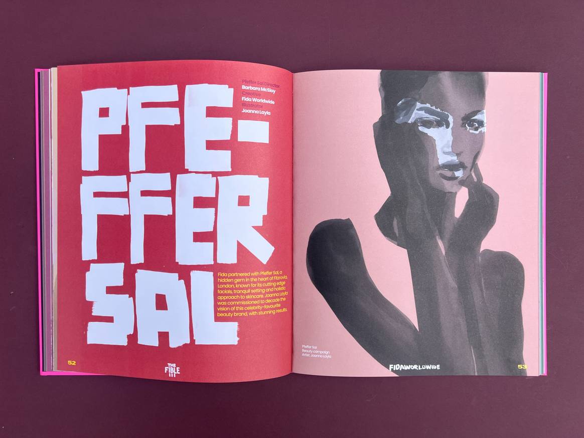 Double page spread featuring illustration collab between Fida artists and beauty brand Pfeffersal