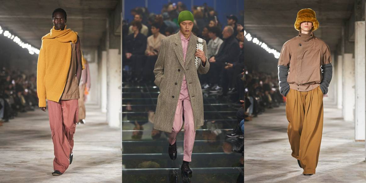 FW24: Dries van Noten (links en rechts en Prada (midden).  ©Launchmetrics/spotlight
