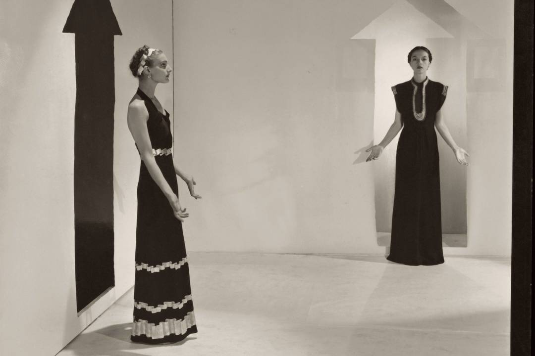 Vogue 1936: Two models wearing dresses by Schiaparelli