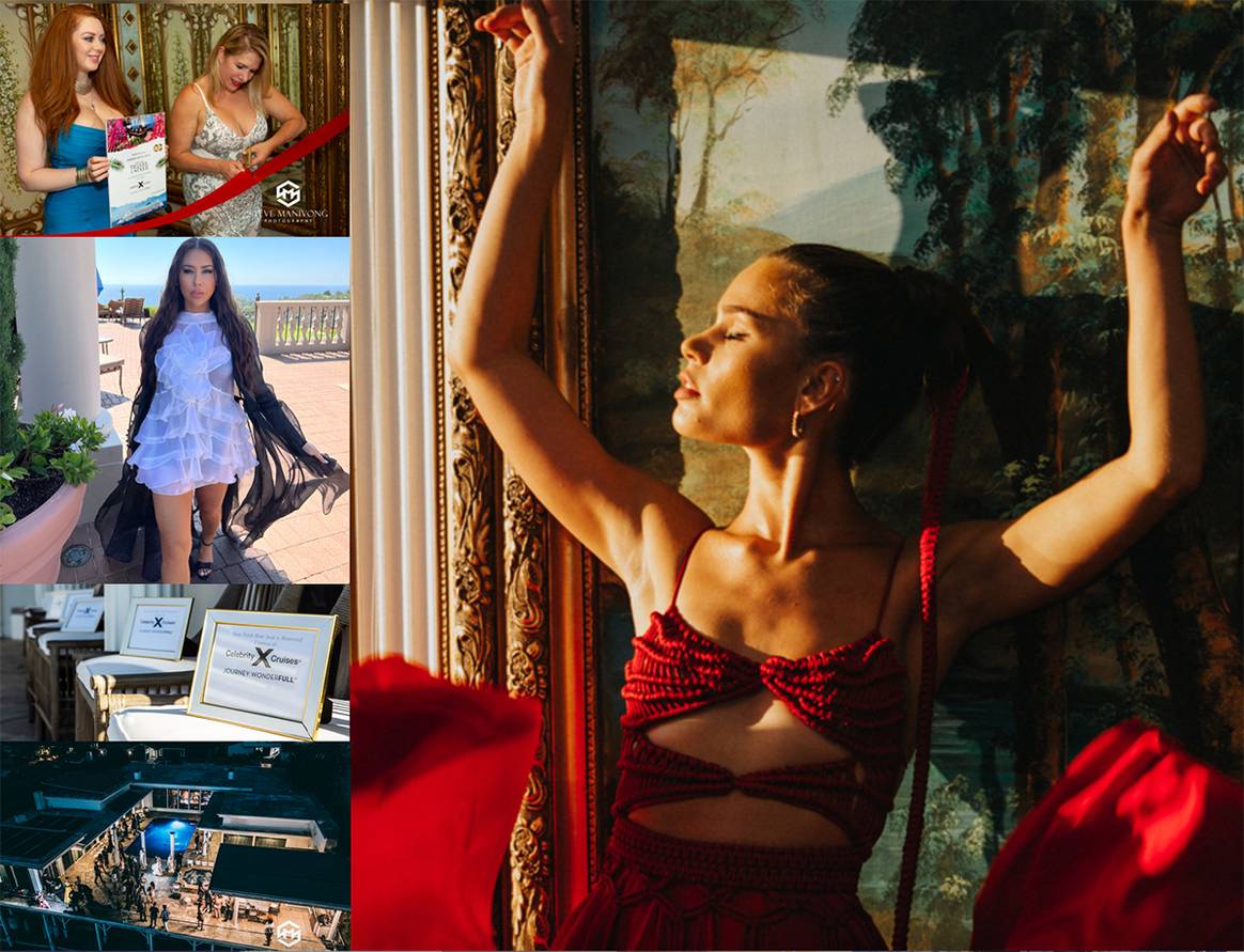 Image Credit: Designer Coral Castillo Aztec Goddess Collections | Hair by Jimmy Salazar - Makeup by Reyna Khalil Photographer: Steve Manivong Studios, Penny Foskaris and Eve Vice cuts Red Ribbon for Fashion Travel Week ceremony featuring Kayla Cardona from #1 Netflix Show SellingtheOC