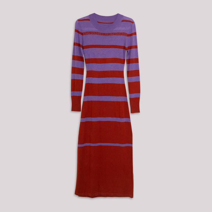 Vestido Punto Rayas Lavanda y Rojo | Dolores Promesas
