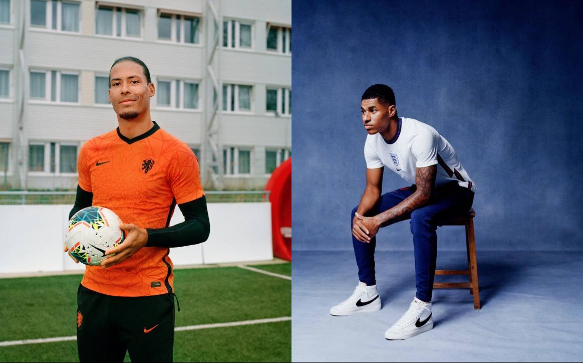 Auf der linken Seite ist das niederländische Heimtrikot im royalen Orange zu sehen. Neben dem Löwen auf der Brust zieht sich die Raubkatze auch als geometrische Form über die Front. Auf der rechten Seite ist das englische Trikot abgebildet. Es ist in einem schlichten Weiß gehalten und setzt auf blaue Akzente am Kragen und an der Seite.  Fotos: Nike