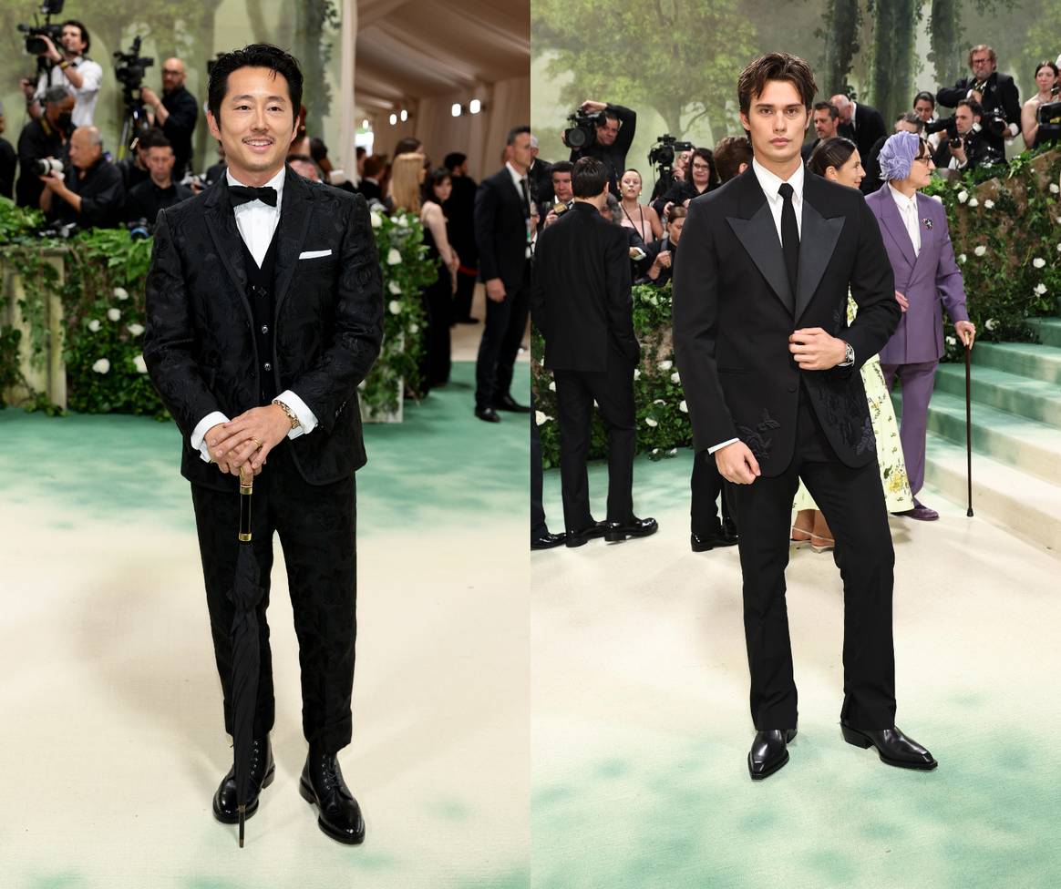 Steven Yuen in Thom Browne and Nicholas Galitzine in Fendi Men's.