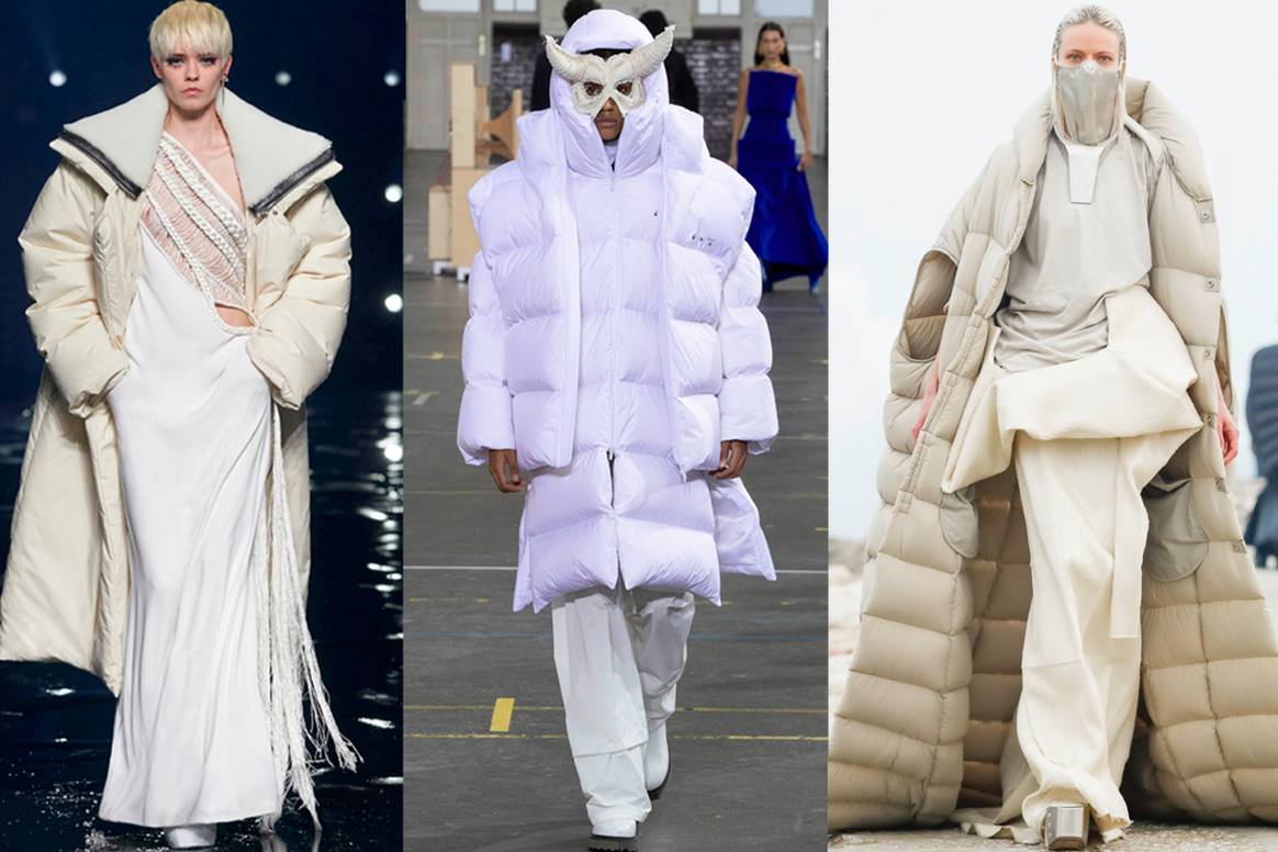 Gewatteerde jassen, ook wel puffer jassen genoemd, zijn in de mode. Beeld v.l.n.r: donsjack ontwerpen van Givenchy, Off-White & Rick Owens die te zien waren op de catwalk (FW21 collecties). Beeld: eigendom Catwalk Pictures. Hieronder is een toegankelijker ontwerp van modeketen C&A te zien.