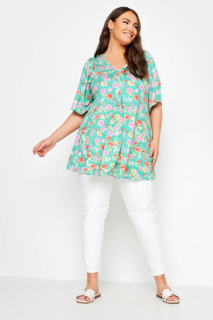 Swingtop Met Bloemontwerp En Engelmouwen In Blauw/Roze, Dames Curve & Grote Maten Kleding, Yours | Yours