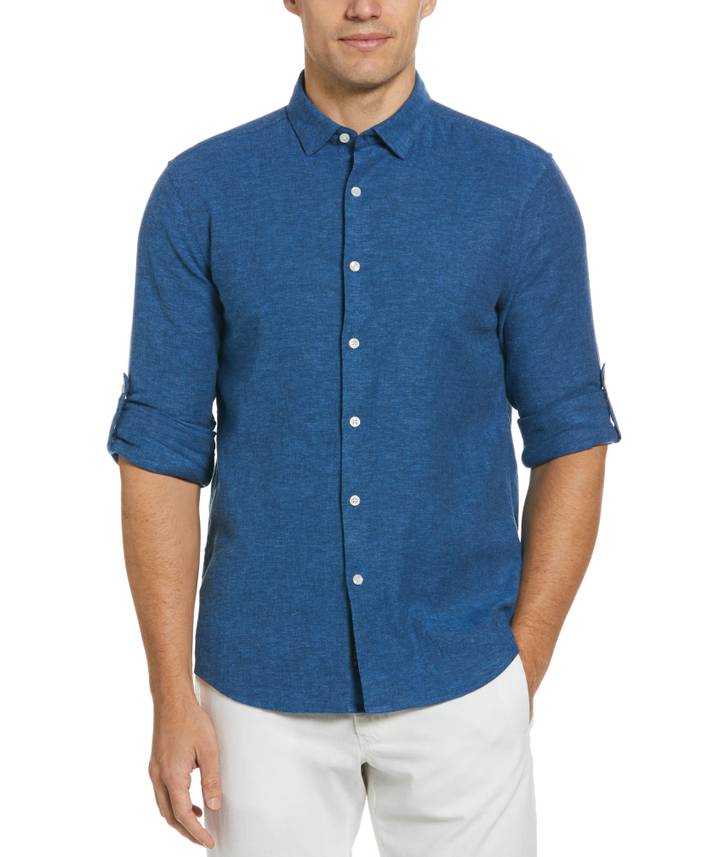 Men's Untucked Slim Fit Linen Blend Rolled Sleeve Shirt in Delft/Blue, Size XL, Cotton/Elastane/Viscose, Solid | Perry Ellis