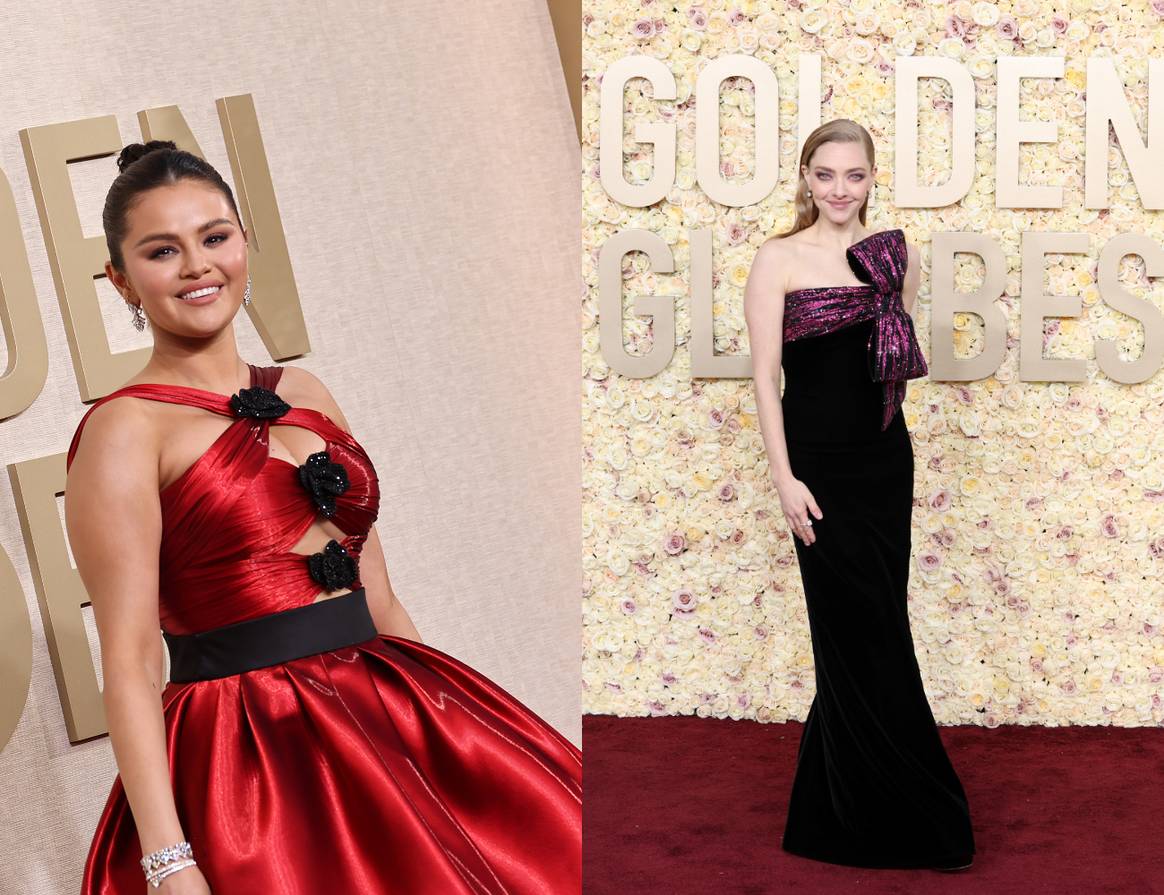 Selena Gomez and Amanda Seyfried wearing Giorgio Armani Privé at the Golden Globes.