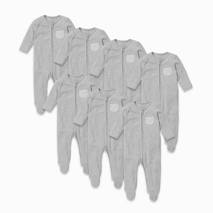 Clever Baby Zip Baby Sleepsuit 7 Pack, Baby Boy/Baby Girl, Grey, Allergy Friendly Organic Cotton | Mori