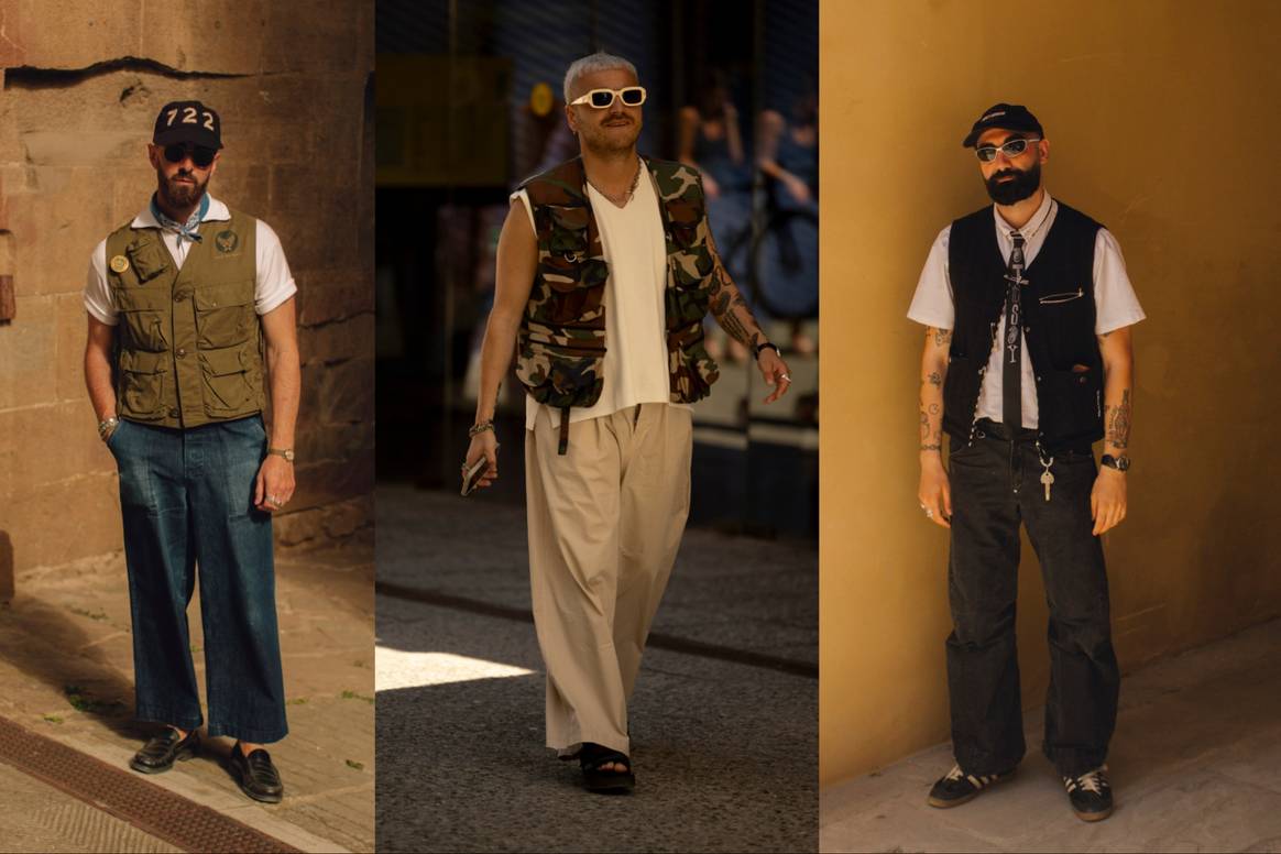 Visitantes de la Pitti Uomo con chalecos cargo