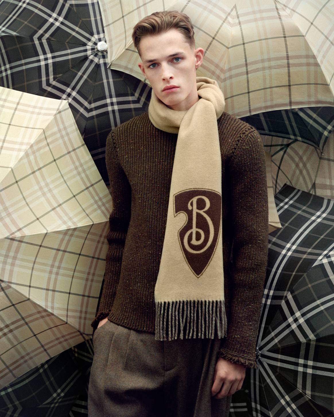 Burberry B shield scarf made with Brewed Protein fibre