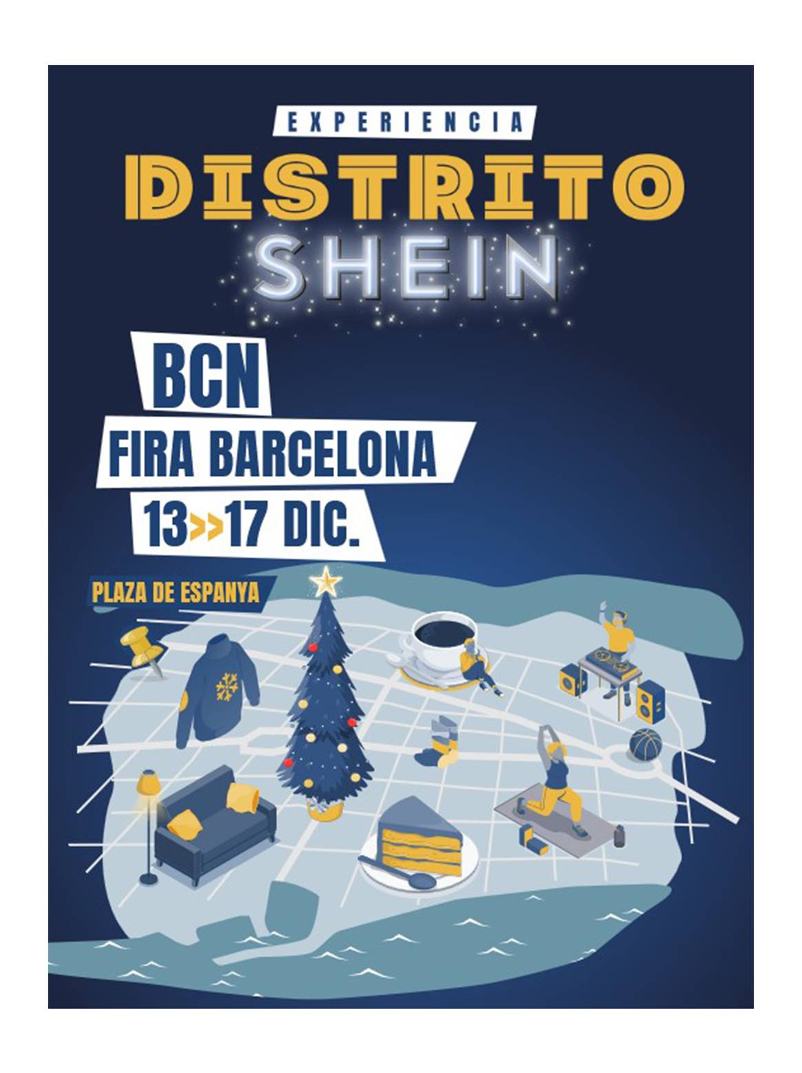 Cartel promocional de “Distrito Shein”, la “ciudad de la Navidad” de Shein que podrá visitarse del 13 al 17 de diciembre de 2024 en Barcelona (España).