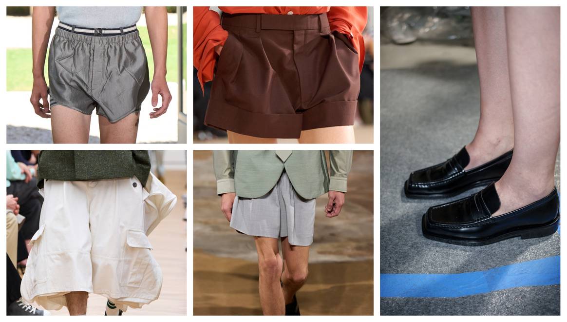 Mannenmode: Wooyoungmi SS26 - Menswear, Saint Laurent SS26, Dior Men SS26 (witte shorts) en Taaak SS26 Menswear & Moccassins van Juun J. SS26 Menswear.