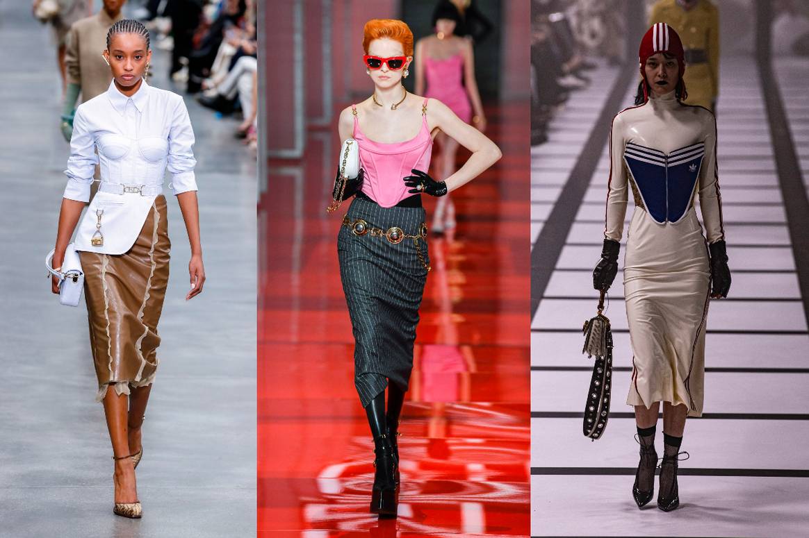 Vorbei ist die Lässigkeit der ersten Pandemiejahre, eng geschnürt sind die Silhouetten in Mailand. Bild: Fendi, Versace, Gucci AW22 via Catwalkpictures