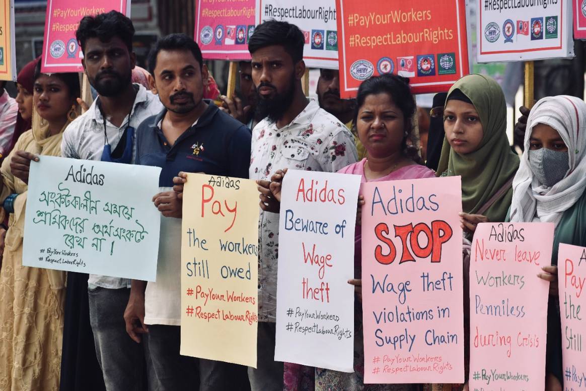Workers in Bangladesh demanding from Adidas to pay wages owed.