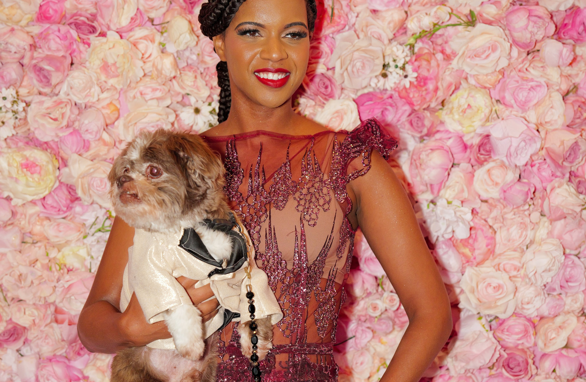 Who, me? Henry the Shih-tzu channelled Tessa Thompson who wore an ivory-white suit-dress by Prabal Gurung that created an hourglass shape.