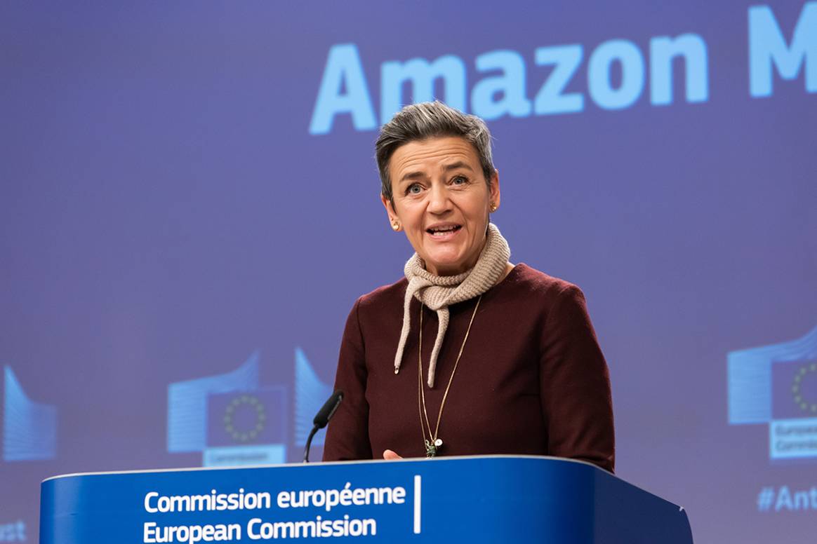 Photo Credits: Margrethe Vestager, vicepresidenta ejecutiva de la Comisión Europea y actual comisaria europea de Competencia, durante el anuncio de la aceptación de los compromisos presentados por Amazon este 20 de diciembre de 2022. European Union.