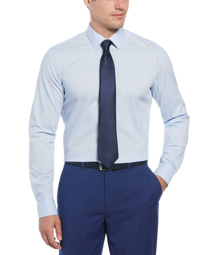 Men's Tech + Stretch Cotton Blend Dress Shirt in Light Blue, Size 15/32-33, Cotton/Polyester/Spandex, Solid, Slim | Perry Ellis