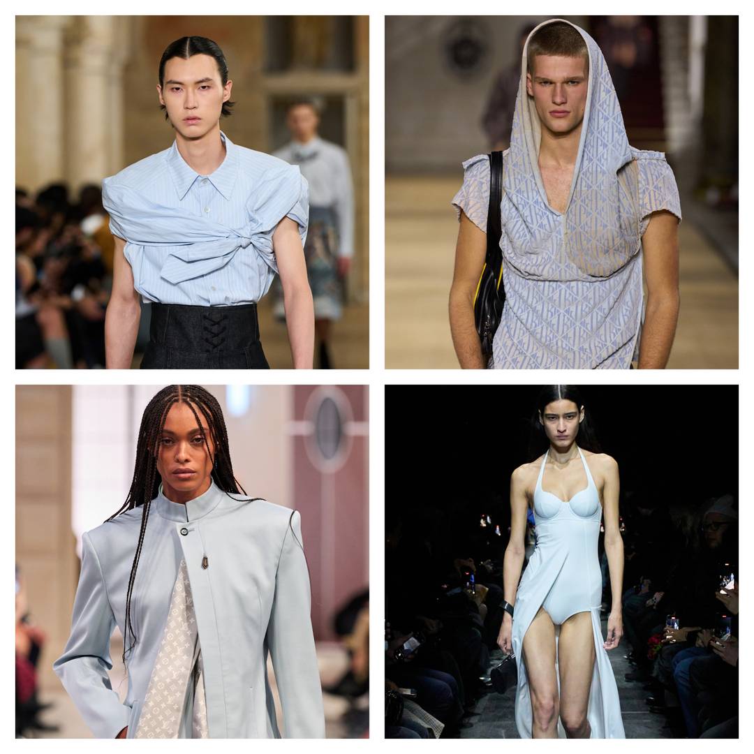 Blue Auro sSpotted on the Catwalk. On top: Wooyounmi SS25 Menswear & Andreas Kronthaler for Vivian Westwood FW25 ready to wear on top. Louis Vuitton FW25 Ready to Wear and Balenciaga FW25 Ready to Wear Below.