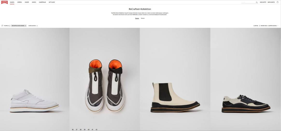 Modelos de la actual colección ReCrafted de Camper. Captura de pantalla de la página web oficial de Camper