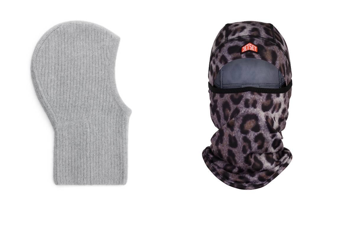 Balaclavas im Mainstream: Aus Wolle von Arket (links) und mit Leopardenmuster bei Jet Set (rechts). Bild: Arket / Jet Set