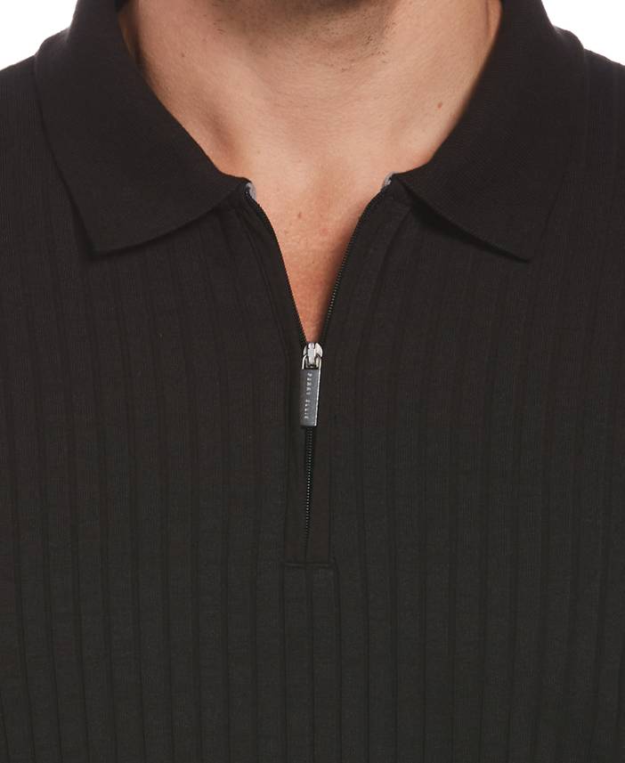 Men's Quarter Zip Ribbed Polo in Black, Size Small, Cotton/Polyester, Regular | Perry Ellis