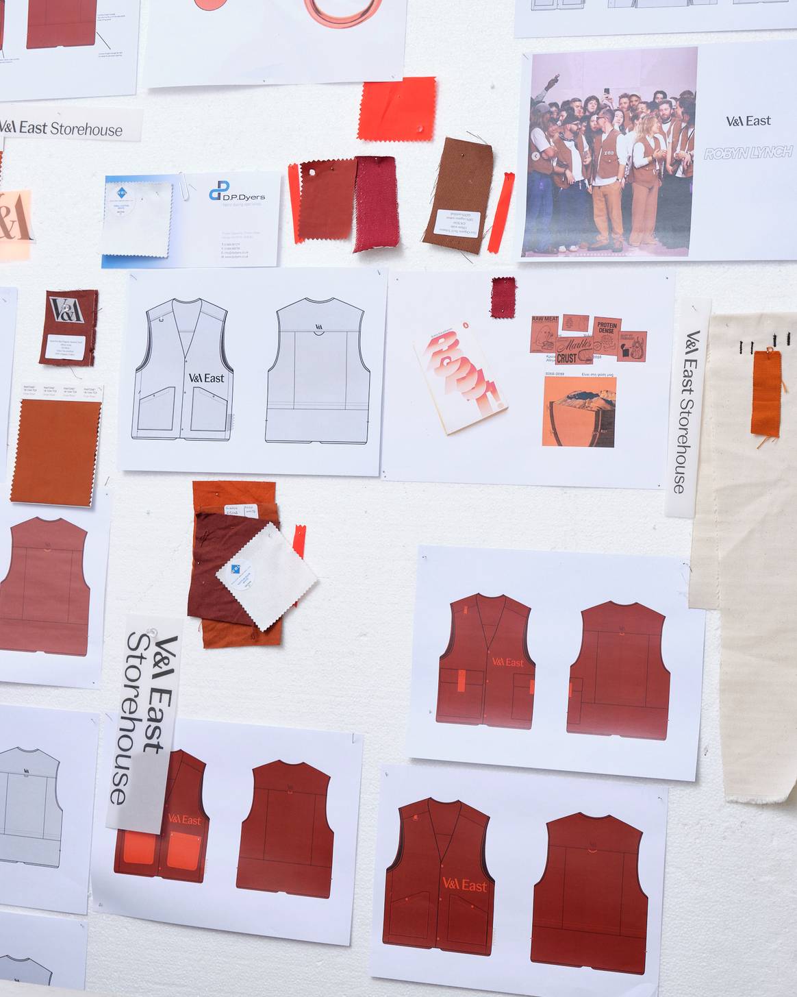 Mock-up designs by Robyn Lynch for V&A East’s staff uniforms, taken in her studio in Hackney Wick, east London