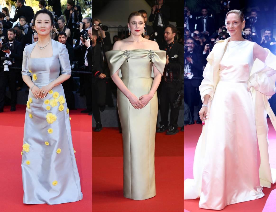 Zhai Tao in Prada, Greta Gerwig in Prada and Uma Thurman in Burberry.