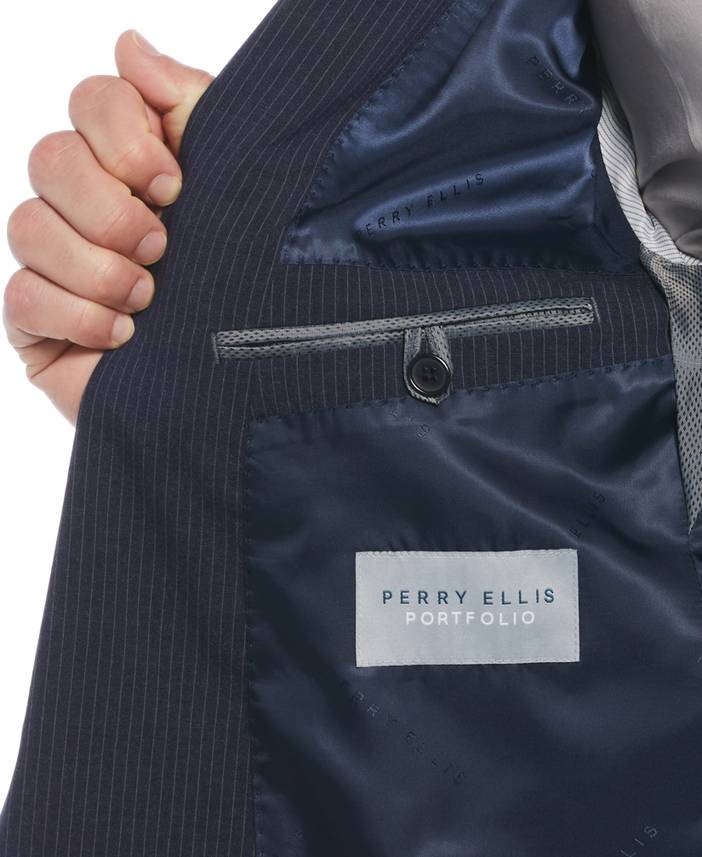 Men's Slim Fit Double Breasted Pinstripe Suit Jacket in Navy/Blue, Size 42 | Regular, Polyester/Rayon/Spandex | Perry Ellis