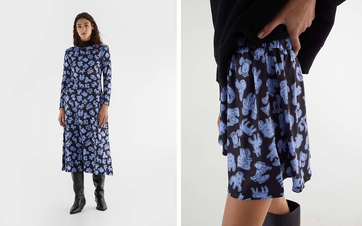 Vestido midi con manga larga. PVP: 59,95 euros  Falda corta elástica. PVP: 32,95 euros
