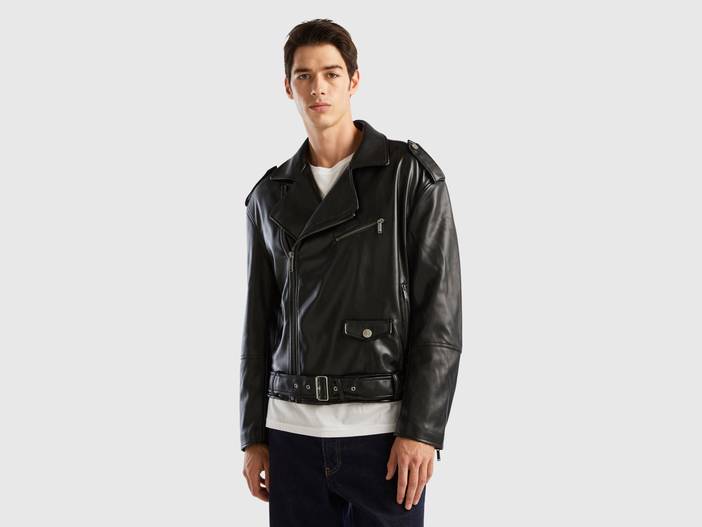 Benetton, Bikerjacke Aus Beschichtetem Stoff, größe L, Schwarz, male | United Colors of Benetton