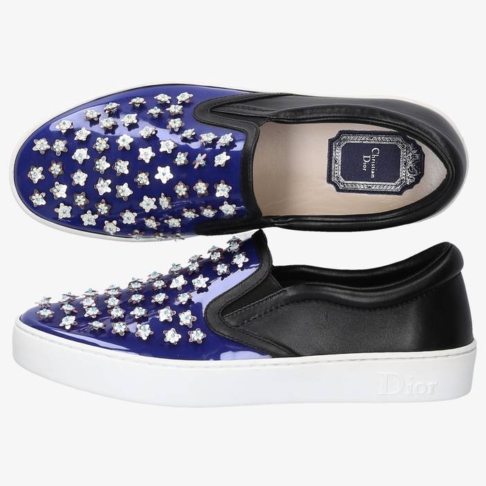 Schuhe Slip-On Sneaker HAPPY Lackleder dunkelblau Leder schwarz Schmuckverzierung | Dior