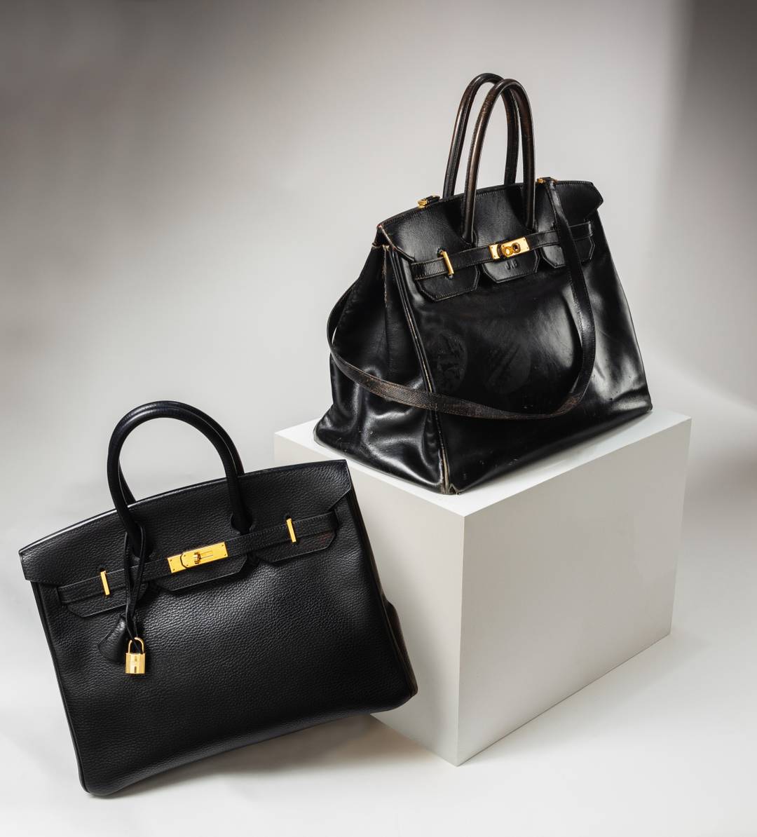 Current Birkin model and the Original Birkin on the plinth.