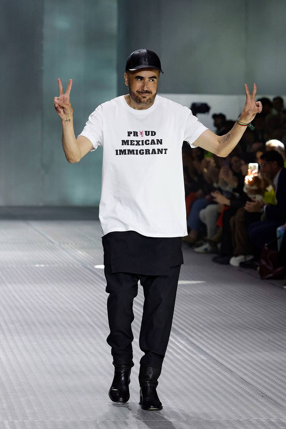 Mexican designer Ricardo Seco during the 080 presentation of his “Migrant Pride” collection.
